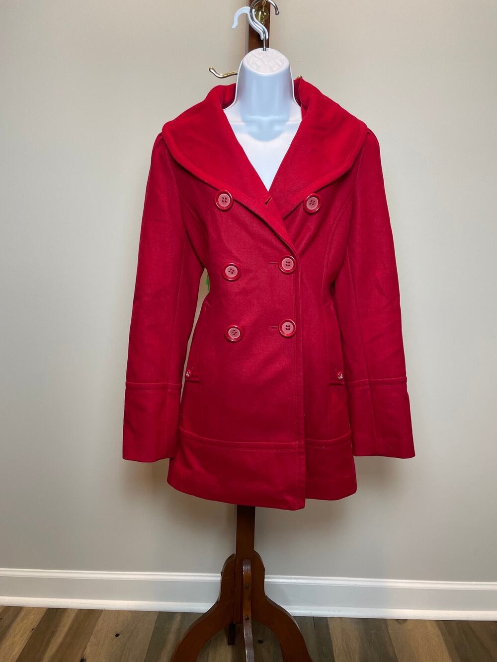 GUESS Double Breasted Wool Pea Coat Size L Red Wool Blend